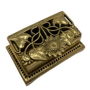 Antique Art Noveau Brass Sunflower Stamp Holder Trinket Box Gold Color